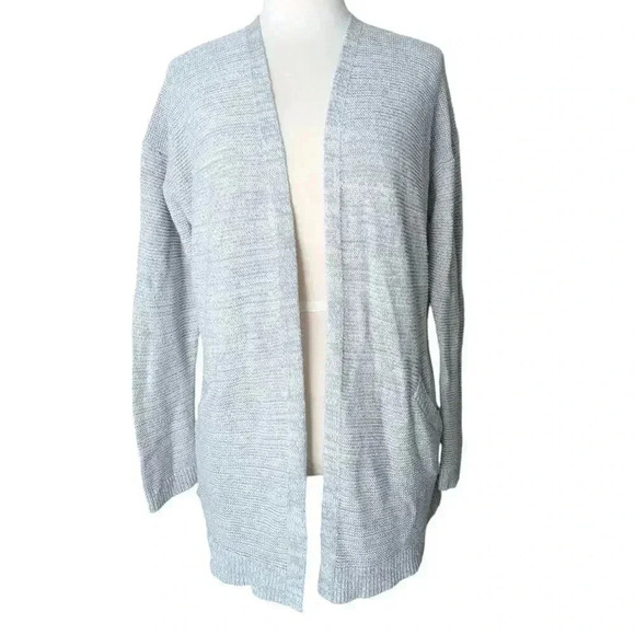 Loft Gray Medium Open Front Long Sleeve Cardigan Knit Sweater Double Pockets - Picture 1 of 8
